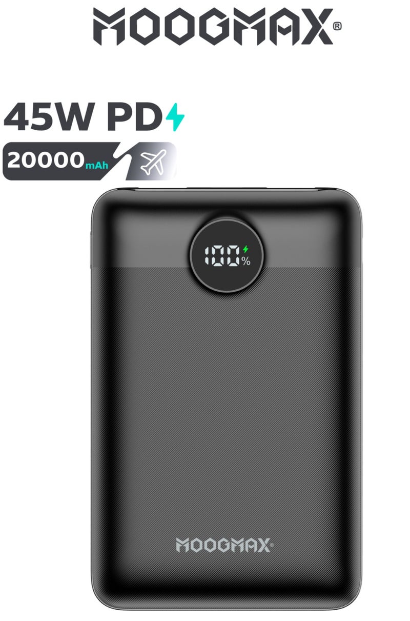 موجماكس باور بنك سوبر سمول سايز بسعة 20000mAh وقوة 45واط (موزعة على المنافذ)، يدعم الشحن السريع ,مزود بشاشة رقمية LED لمعرفة مستوى الشحن، يمكن استخدامه على الطائرات والقطارات. باللون اسود من موجماكس. - Image 1